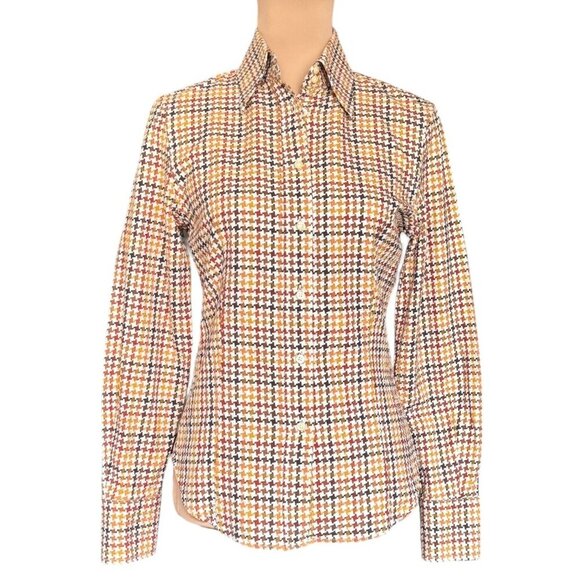 VTG ETRO Shirt Sz.6 Cream Brown Houndstooth Academia Career Italian Old Money - Picture 14 of 14